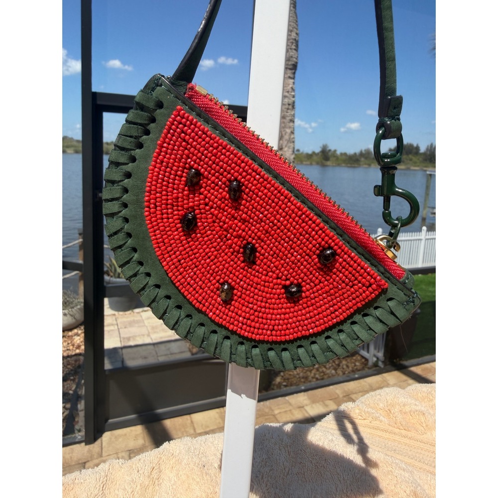 Tory Burch Beaded Watermelon Nubuck Leather Coin Purse Pouch Wristlet